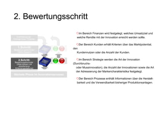 Im Bereich Finanzen wird festgelegt, welches Umsatzziel und    welche Rendite mit der Innovation erreicht werden sollte. Der Bereich Kunden erhält Kriterien über das Marktpotential, den    Kundennutzen oder die Anzahl der Kunden. Im Bereich Strategie werden die Art der Innovation (Durchbruchs-    oder Mussinnovation), die Anzahl der Innovationen sowie die Art    der Adressierung der Markencharakteristika festgelegt. Der Bereich Prozesse enthält Informationen über die Herstell-   barkeit und die Verwendbarkeit bisheriger Produktionsanlagen. 1.Schritt:  Bewertungsformular  (Web-basiert) 2.Schritt:  Bewertungsformular  (Web-basiert mit detailierterer Kriteriengestaltung) Erarbeitung der  Erfordernisse / Kriterien Nächste Phase im Innovationsprozess 2. Bewertungsschritt 
