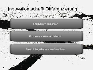 Innovation schafft Differenzierung Produkte = kopierbar Prozesse = standardisierbar Geschäftssysteme = austauschbar 