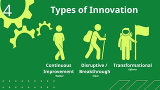 Types of Innovation
Continuous
Improvement
4
Walker
Disruptive /
Breakthrough
Hiker
Transformational
Eplorer
 