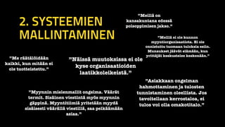 2. SYSTEEMIEN 
MALLINTAMINEN 
”Meillä on 
kansakuntana edessä 
poisoppimisen jakso.” 
”Näissä muutoksissa ei ole 
kyse organisaatioiden 
laatikkoleikeistä.” 
”Asiakkaan ongelman 
hahmottaminen ja tulosten 
tunnistaminen oleellista. Jos 
tavoitellaan kerrostaloa, ei 
tulos voi olla omakotitalo.” 
”Me räätälöidään 
kaikki, kun mitään ei 
ole tuotteistettu.” 
”Myynnin mielenmallit ongelma. Väärät 
termit. Sisäinen viestintä myös myynnin 
gäppinä. Myyntitiimiä yritetään myydä 
sisäisesti väärällä viestillä, saa pelkäämään 
asiaa.” 
”Meillä ei ole kunnon 
myyntiorganisaatiota. Ei ole 
onnistuttu tuomaan tuloksia esiin. 
Munaukset jäävät elämään, kun 
yrittäjät keskustelee keskenään.” 
 