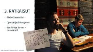 3. RATKAISUT 
! 
• Täräytä tonnilla! 
! 
• Opiskelijavälitysyritys 
! 
• Ten Times Better - 
hankemalli 
Kaikki materiaali: © Business Arena ja osallistujat 
 