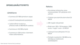OPISKELIJAVÄLITYSYRITYS 
Lähtötilanne 
! 
• Suomessa 327 000 opintotuen saajaa 
! 
• Joista 8 % keskeyttäneitä opiskelijoita 
! 
• Laskennallinen kustannus 
yhteiskunnalle on 890 MEUR vuodessa 
! 
• Suomessa on 322 000 yritystä 
! 
• Suomessa on 320 kuntaa + lukematon 
määrä valtionlaitoksia 
Ratkaisu 
! 
• Perustetaan yhteisyritys, jossa 
omistussuhteet: 70 % yksityinen 30 % 
julkinen 
! 
• Yrityksen perustamiskustannukset 20 
MEUR 
! 
• 200 myyjää, hakuportaali 
! 
• Break even: 200 x 120 kauppaa a 1000 
euroa / myyjä / vuosi = 24 MEUR 
! 
• Lisämyynti konsulttityöstä 10 % 2,4 
MEUR 
! 
• Portaalin investointiin 100 000 euroa, 
brändäys ja markkinointi 
opiskelijatyönä 
Kaikki materiaali: © Business Arena ja osallistujat 
 