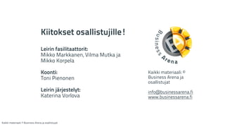 Kiitokset osallistujille! 
! 
Leirin fasilitaattorit: 
Mikko Markkanen, Vilma Mutka ja 
Mikko Korpela 
! 
Koonti: 
Toni Pienonen 
! 
Leirin järjestelyt: 
Katerina Vorlova 
Kaikki materiaali: © 
Business Arena ja 
osallistujat 
! 
info@businessarena.fi 
www.businessarena.fi 
Kaikki materiaali: © Business Arena ja osallistujat 
