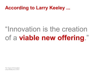 According to Larry Keeley ...
“Innovation is the creation
of a viable new offering.”
Ten Types of Innovation
Larry Keeley et al, 2012
 