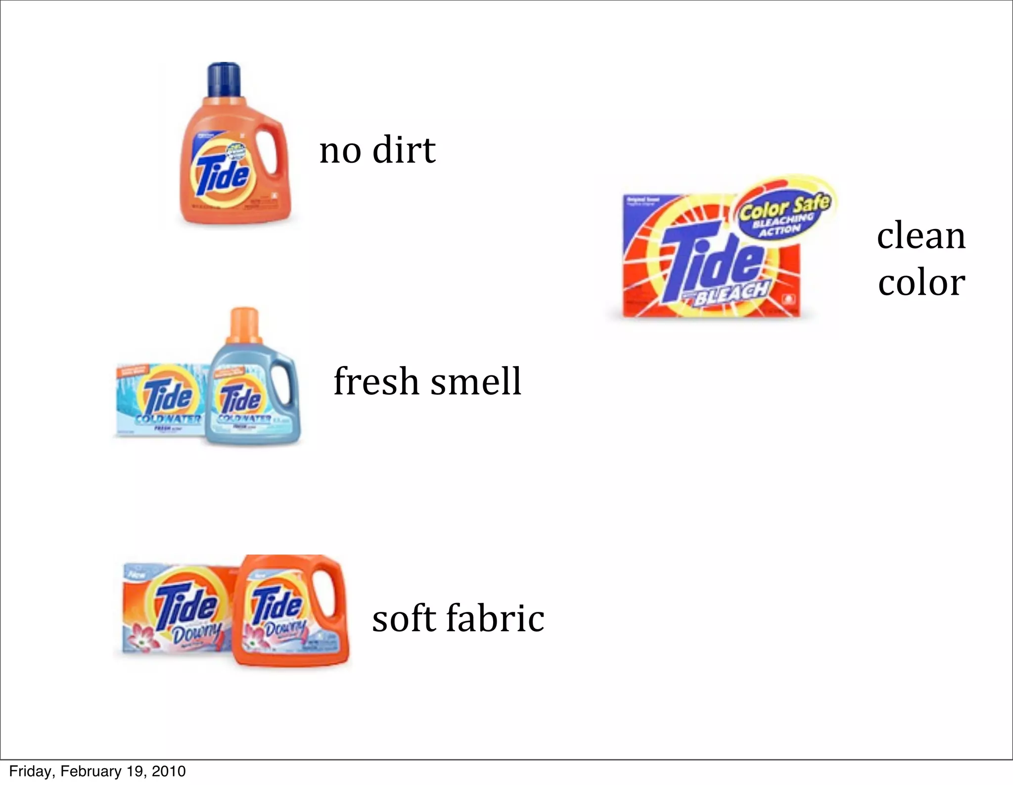 no	
  dirt

                                                 clean	
  
                                                 color

                             fresh	
  smell




                                soft	
  fabric


Friday, February 19, 2010
 