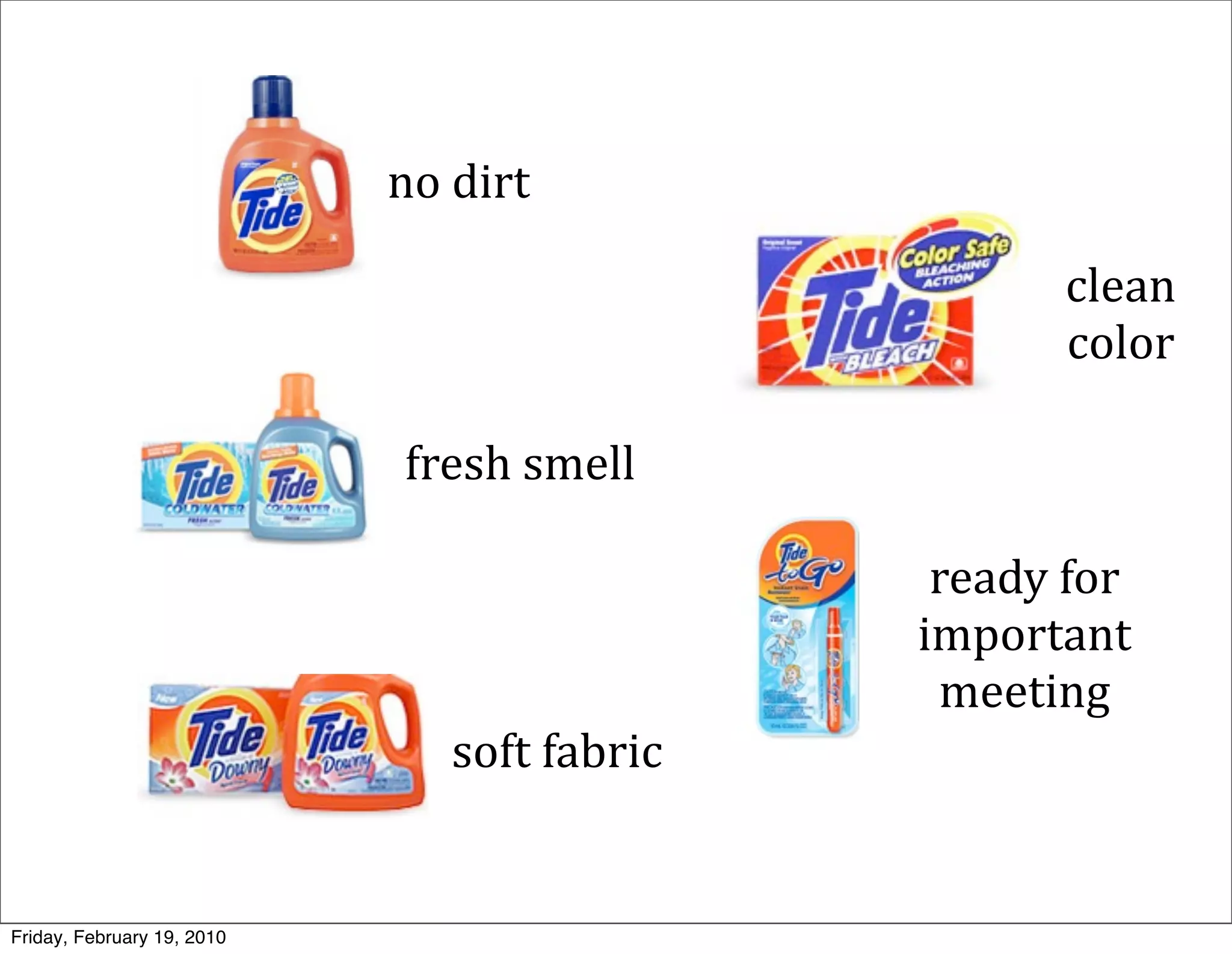 no	
  dirt

                                                            clean	
  
                                                            color

                             fresh	
  smell

                                                  ready	
  for	
  
                                                 important	
  
                                                  meeting
                                soft	
  fabric


Friday, February 19, 2010
 