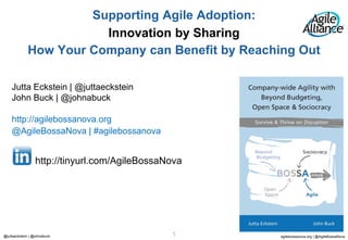 agilebossanova.org | @AgileBossaNova1@juttaeckstein | @johnabuck 1
Jutta Eckstein | @juttaeckstein
John Buck | @johnabuck
http://agilebossanova.org
@AgileBossaNova | #agilebossanova
Supporting Agile Adoption:
Innovation by Sharing
How Your Company can Benefit by Reaching Out
http://tinyurl.com/AgileBossaNova
 