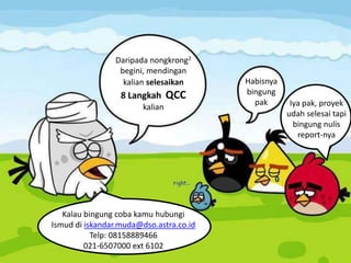 Daripada nongkrong2
begini, mendingan
kalian selesaikan
8 Langkah QCC
kalian
Habisnya
bingung
pak
Kalau bingung coba kamu hubungi
Ismud di iskandar.muda@dso.astra.co.id
Telp: 08158889466
021-6507000 ext 6102
Iya pak, proyek
udah selesai tapi
bingung nulis
report-nya
 