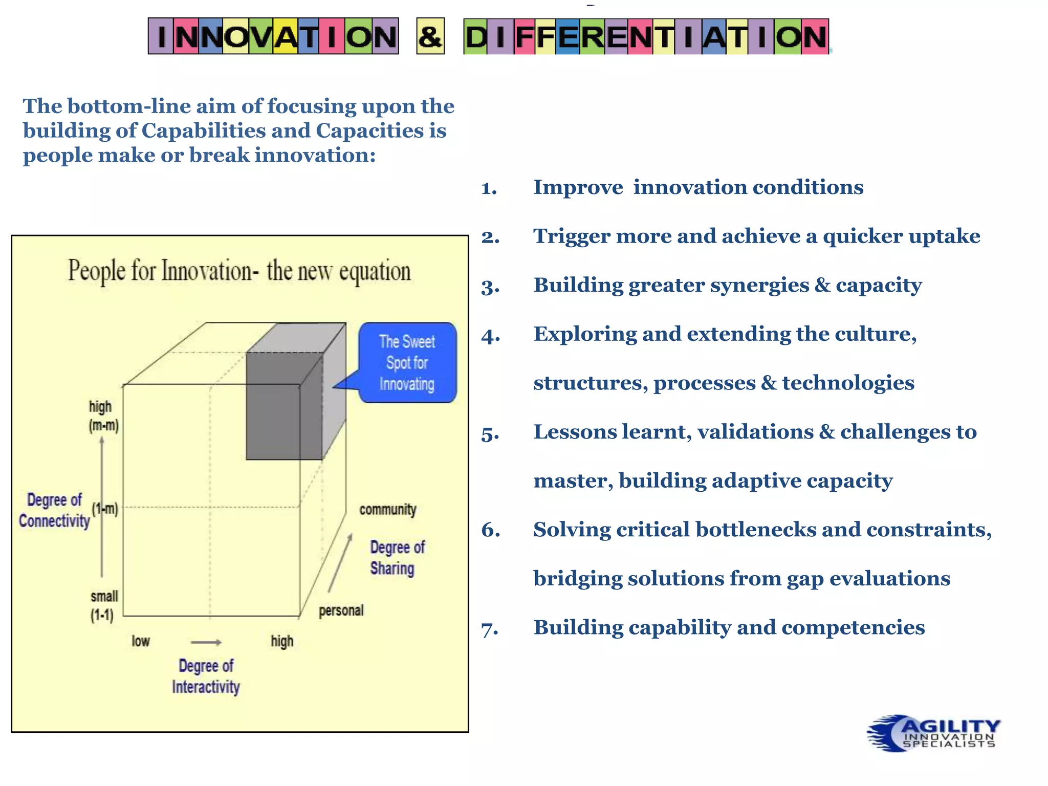 The bottom-line aim of focusing upon the
building of Capabilities and Capacities is
people make or break innovation:
                                             1.   Improve innovation conditions

                                             2.   Trigger more and achieve a quicker uptake

                                             3.   Building greater synergies & capacity

                                             4.   Exploring and extending the culture,

                                                  structures, processes & technologies

                                             5.   Lessons learnt, validations & challenges to

                                                  master, building adaptive capacity

                                             6.   Solving critical bottlenecks and constraints,

                                                  bridging solutions from gap evaluations

                                             7.   Building capability and competencies
 