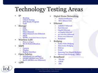 Technology Testing Areas
•   IP                                      •   Digital Home Networking
     –   Routing                                 ─   DLNA Certification
     –   USGv6 Testing
                                                 ─   RVU Alliance Cert
     –   IPv6 Ready Program
     –   VoIP                               •   Ethernet
•   Storage                                      ─   10BASE-T Ethernet
     –   SAS                                     ─   Fast Ethernet
     –   SATA                                    ─   Gigabit Ethernet
     –   Fibre Channel                           ─   10 Gigabit Ethernet
     –   Fibre Channel over Ethernet             ─   40/100 Gb/s Ethernet
     –   iSCSI                                   ─   Power over Ethernet
     –   NVMe: NonVolatile Memory Express
                                                 ─   Backplane
•   Wireless LAN
     –   802.11 a,b,g,n                     •   Bridging
     –   Wi-Fi PreCertification                  ─   Audio-Video Bridging
•   MIPI                                         ─   Data Center Bridging
     –   Camera                                  ─   MACsec
     –   Display                                 ─   VLAN
     –   Battery Interface                       ─   Spanning Tree (Rapid/Multiple)
•   Open Fabrics                                 ─   Shortest Path Bridging / TRILL
     –   Infiniband (10-54Gbps)             •   Broadband
     –   iWARP (RDMA over TCP)
                                                 ─   TR-069
     –   RoCE (RDMA over Ethernet)
                                                 ─   GPON
•   1588                                         ─   DSL


                         © 2012 University of New Hampshire                           7
                             InterOperability Laboratory
 