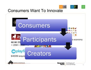 Consumers Want To Innovate
13
$400M acquisition
60 90 200M users
12M users
$100M market cap
$1B virtual goods economy
~$1.60 ARPU
Consumers
Participants
Creators
+ 20M + 20M + …
 