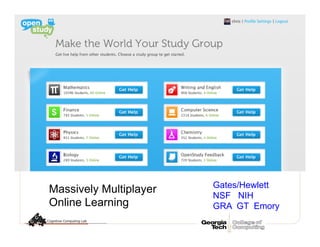 Massively Multiplayer
Online Learning
Gates/Hewlett
NSF NIH
GRA GT Emory
 