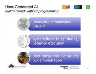 66
User-Generated AI…
build a “mind” without programming
Users create behaviors
visually
System fixes “bugs” during
behavior execution
User “programs” behaviors
by demonstration
 