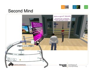 Second Mind
71
other
minds
Goals	
  
Ac8ons	
  
Goal: Greet a customer	
  
00:0
0	
  
00:
00	
  
Sensory
info
Your goal
Other’s
goal
Question
How	
  
much	
  is	
  
the	
  
vase	
  for	
  
Answer Pleased
This	
  
vase	
  is	
  
…………	
  
Sensory?
 