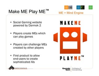 Make ME Play ME
•  Social Gaming website
powered by Darmok 2
•  Players create MEs which
can play games
•  Players can challenge MEs
created by other players
•  First product to allow
end-users to create
sophisticated AIs
ME = Mind Engine
TM
TM
 