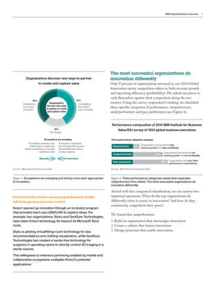 IBM Global Business Services 5
Kinect provides motion-sensing input device to enable
full-body gaming and voice control
Kinect opened up innovation through an incubator program
that provided start-ups US$20,000 to explore ideas. For
example, two organizations, Styku and GestSure Technologies,
have taken Kinect technology far beyond its Microsoft Xbox
roots.
Styku is piloting virtualfitting-room technology for size
recommendations and clothing visualization, while GestSure
Technologies has created a hands-free technology for
surgeons in operating rooms to directly control 3D imaging in a
sterile manner.
This willingness to embrace partnering enabled by mobile and
collaborative ecosystems multiplies Kinect’s potential
applications.7
The most successful organizations do
innovation differently
Only 9 percent of organizations surveyed in our 2014 Global
Innovation survey outperform others in both revenue growth
and operating efficiency (profitability). We asked executives to
rank themselves against their competitors along the two
metrics. Using the survey respondent’s ranking, we identified
three specific categories of performance: outperformers,
underperformers and peer performers (see Figure 6).
Figure 5: Ecosystems are emerging and driving more open approaches
to innovation.
Organizations discover new ways to partner
to create and capture value
Competitors
from other/
new industries
40% 41%
19%
Organizations
discover new ways
to partner to create
and capture value
Competitors
from same
industries
No change
Mutuality Orchestration
Ecosystem complexity
and orchestration govern
the potential and nature
of value capture
Ecosystem partners must
collaborate to create and
deliver something of mutually
beneﬁcial value
Ecosystems are emerging
Figure 6: Three performance categories reveal what separates
outperformers from others. The most successful organizations do
innovation differently.
Performance composition of 2014 IBM Institute for Business
Value/EIU survey of 1004 global business executives
Three performance categories emerged
Outperformers 9%
Organizations that achieved high
revenue growth and high proﬁtability
Underperformers
Peer performers
42%
49%
Organizations that achieved low
revenue growth and low proﬁtability
Organizations with any other
performance combinations
Armed with this categorical classification, we can answer two
important questions. What do the top organizations do
differently when it comes to innovation? And how do they
consistently outperform their peers?
We found that outperformers:
1.	Build an organization that encourages innovation
2.	Create a culture that fosters innovation
3.	Design processes that enable innovation.
Source: IBM Institute for Business Value. Source: IBM Institute for Business Value.
 