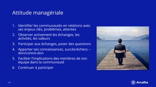 Attitude managériale
1. Identifier les communautés en relations avec
ses enjeux clés, problèmes, attentes
2. Observer activement les échanges, les
activités, les valeurs
3. Participer aux échanges, poser des questions
4. Apporter ses connaissances, succès/échecs –
don/contre-don
5. Faciliter l’implications des membres de son
équipe dans la communauté
6. Continuer à participer
|14.
 