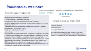 Évaluation du webinaire
|18.
Ce que vous avez apprécié
La thématique. Les méthodes d’interaction.
la partie interactive / intelligence collective
compréhension de la communauté au service de l'entreprise
Fluidité de la présentation, ton enjoué, contenu, outils interactifs+++++ merci
pour les conseils !
: rien d'ennuyeux, cela me donnerait envie de vous contacter si je devais
développer une communauté ! merci !
fluidité dans le discours et les outils
contenu fluide
Ce sujet était mon sujet de mémoire l'an passé à The Nuum Factory, l'école de
la transformation digitale. Le livre "les communautés d'innovation" a été mon
livre de chevet. Je viens d'être embauché en tant que chef de projet
applications au service informatique dans une pme où l'ambiance n'est pas très
collaborative. Mon projet de l'année sera consacré à la mise en place de la
GED. Je serai donc très intéressée par votre prochain webinaire.
Votre présentation donnait une bonne représentation d'ensemble sur le sujet.
Vos exemples sont très parlants et accessible.
Ce que j’aurais pu mieux faire
l'exemple ubisoft :)
petit bug Klaxoon
un peu plus dexemples
Interroger les participants sur leur domaine métier pour
donner des exemples adaptés à leur problématique ou leur
secteur d'activité. Afin qu'ils se sentent encore plus impliqués
 