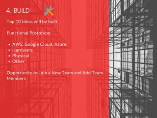 4. BUILD
Top 10 Ideas will be built 
Functional Prototype: 
AWS, Google Cloud, Azure
Hardware
Physical
Other
Opportunity t...