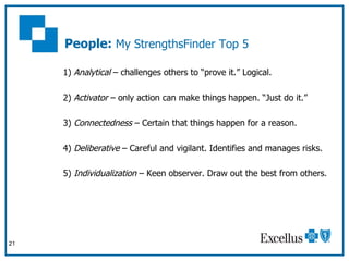 People:  My StrengthsFinder Top 5 <ul><li>1)  Analytical  – challenges others to “prove it.” Logical. </li></ul><ul><li>2)...
