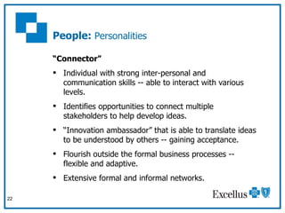 People:  Personalities <ul><li>“ Connector”  </li></ul><ul><li>Individual with strong inter-personal and communication ski...