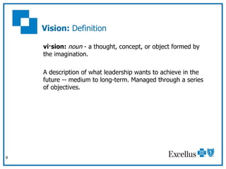 Vision:  Definition <ul><ul><li>vi·sion:  noun  - a thought, concept, or object formed by the imagination. </li></ul></ul>...