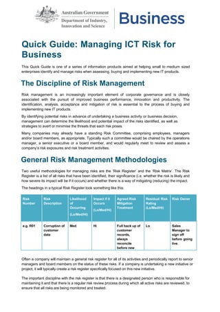 Quick Guide: Managing ICT Risk for
Business
This Quick Guide is one of a series of information products aimed at helping small to medium sized
enterprises identify and manage risks when assessing, buying and implementing new IT products.
The Discipline of Risk Management
Risk management is an increasingly important element of corporate governance and is closely
associated with the pursuit of improved business performance, innovation and productivity. The
identification, analysis, acceptance and mitigation of risk is essential to the process of buying and
implementing new IT products.
By identifying potential risks in advance of undertaking a business activity or business decision,
management can determine the likelihood and potential impact of the risks identified, as well as
strategies to avert or minimise the threats that each risk poses.
Many companies may already have a standing Risk Committee, comprising employees, managers
and/or board members, as appropriate. Typically such a committee would be chaired by the operations
manager, a senior executive or a board member, and would regularly meet to review and assess a
company’s risk exposures and risk treatment activities.
General Risk Management Methodologies
Two useful methodologies for managing risks are the ‘Risk Register’ and the ‘Risk Matrix’. The Risk
Register is a list of all risks that have been identified, their significance (i.e. whether the risk is likely and
how severe its impact will be if it occurs) and whether there is a way of mitigating (reducing) the impact.
The headings in a typical Risk Register look something like this:
Risk
Number
Risk
Description
Likelihood
of
Occurring
(Lo/Med/Hi)
Impact if it
Occurs
(Lo/Med/Hi)
Agreed Risk
Mitigation
Treatment
Residual Risk
Rating
(Lo/Med/Hi)
Risk Owner
e.g. R01 Corruption of
customer
data
Med Hi Full back up of
customer
records,
always
reconcile
before new
system go-
live.
Lo Sales
Manager to
sign off
before going
live.
Often a company will maintain a general risk register for all of its activities and periodically report to senior
managers and board members on the status of these risks. If a company is undertaking a new initiative or
project, it will typically create a risk register specifically focused on this new initiative.
The important discipline with the risk register is that there is a designated person who is responsible for
maintaining it and that there is a regular risk review process during which all active risks are reviewed, to
ensure that all risks are being monitored and treated.
 