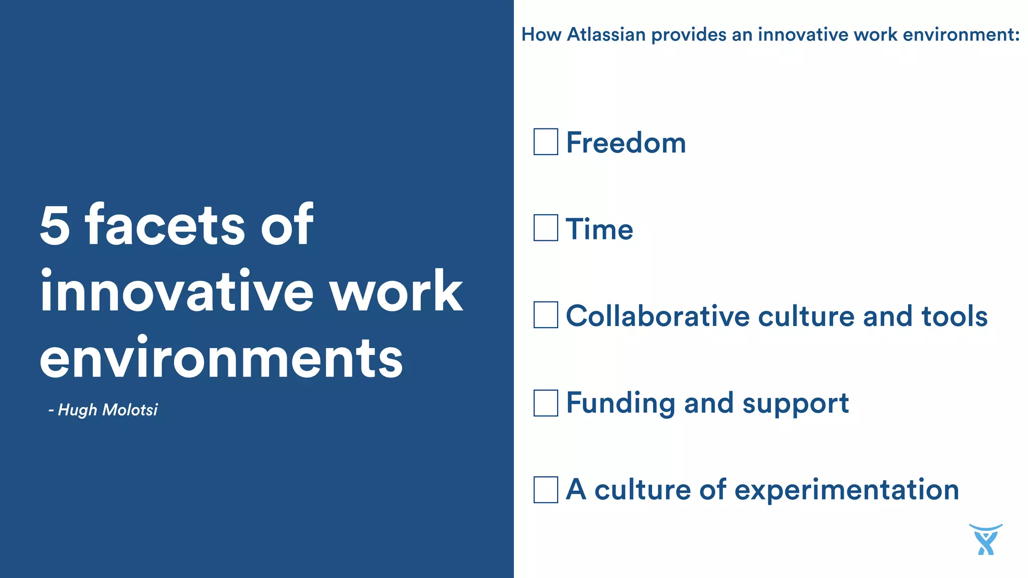 5 facets of
innovative work
environments
- Hugh Molotsi
How Atlassian provides an innovative work environment:
Freedom
Time
Collaborative culture and tools
Funding and support
A culture of experimentation
 