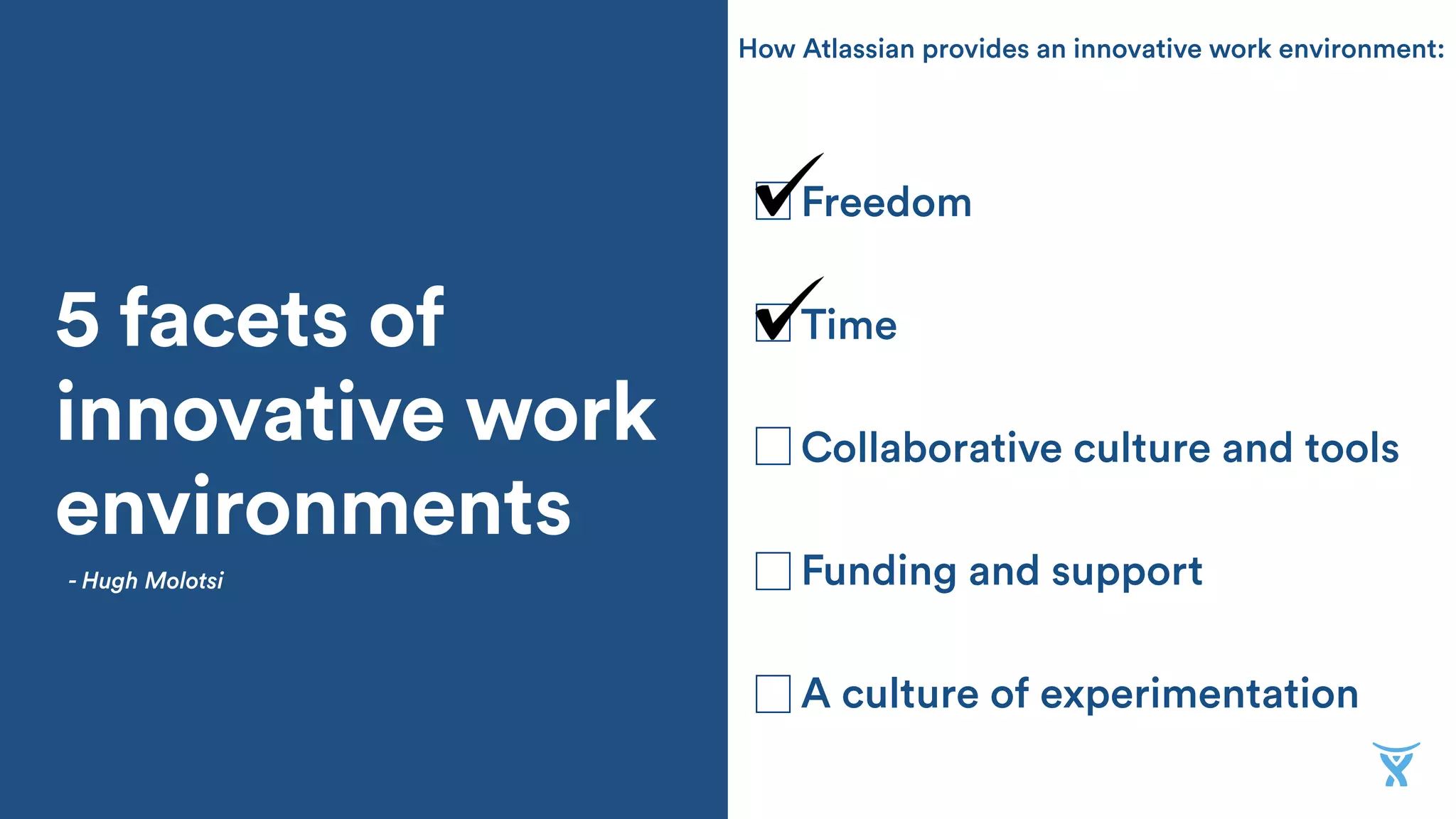 5 facets of
innovative work
environments
- Hugh Molotsi
How Atlassian provides an innovative work environment:
Freedom
Time
Collaborative culture and tools
Funding and support
A culture of experimentation
 