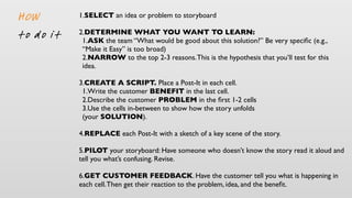 1.SELECT an idea or problem to storyboard
2.DETERMINE WHAT YOU WANT TO LEARN:
1.ASK the team “What would be good about this solution?” Be very speciﬁc (e.g.,
“Make it Easy” is too broad)
2.NARROW to the top 2-3 reasons.This is the hypothesis that you’ll test for this
idea.
3.CREATE A SCRIPT. Place a Post-It in each cell.
1.Write the customer BENEFIT in the last cell.
2.Describe the customer PROBLEM in the ﬁrst 1-2 cells
3.Use the cells in-between to show how the story unfolds
(your SOLUTION).
4.REPLACE each Post-It with a sketch of a key scene of the story.
5.PILOT your storyboard: Have someone who doesn’t know the story read it aloud and
tell you what’s confusing. Revise.
6.GET CUSTOMER FEEDBACK. Have the customer tell you what is happening in
each cell.Then get their reaction to the problem, idea, and the beneﬁt.
HOW
to do it
 