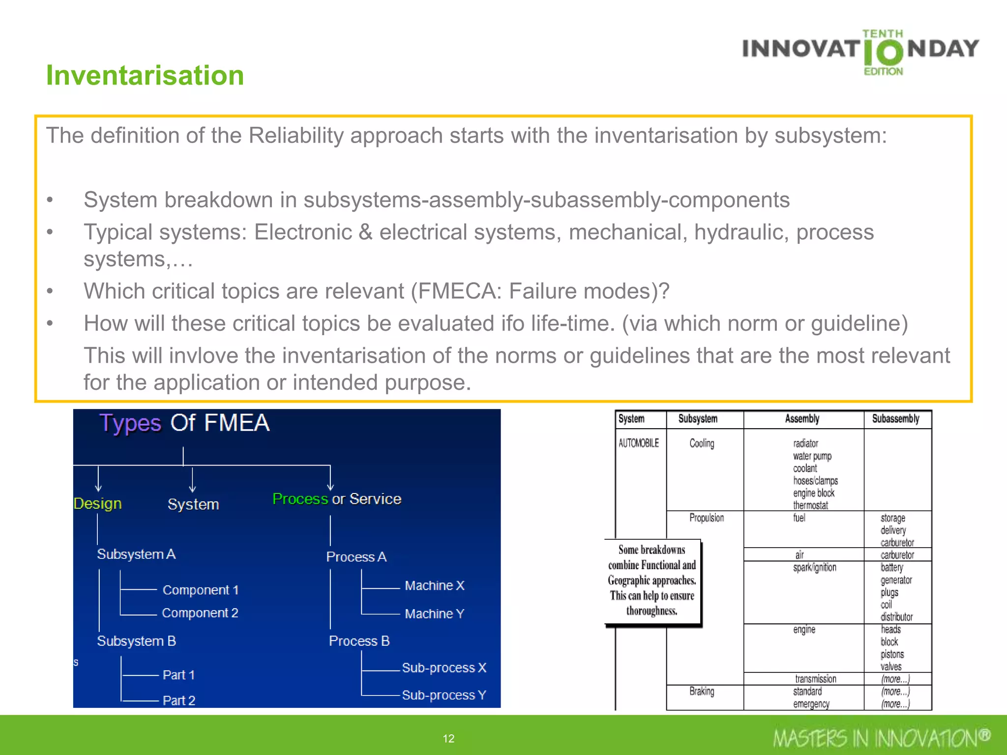 12
Inventarisation
The definition of the Reliability approach starts with the inventarisation by subsystem:
• System breakdown in subsystems-assembly-subassembly-components
• Typical systems: Electronic & electrical systems, mechanical, hydraulic, process
systems,…
• Which critical topics are relevant (FMECA: Failure modes)?
• How will these critical topics be evaluated ifo life-time. (via which norm or guideline)
This will invlove the inventarisation of the norms or guidelines that are the most relevant
for the application or intended purpose.
 