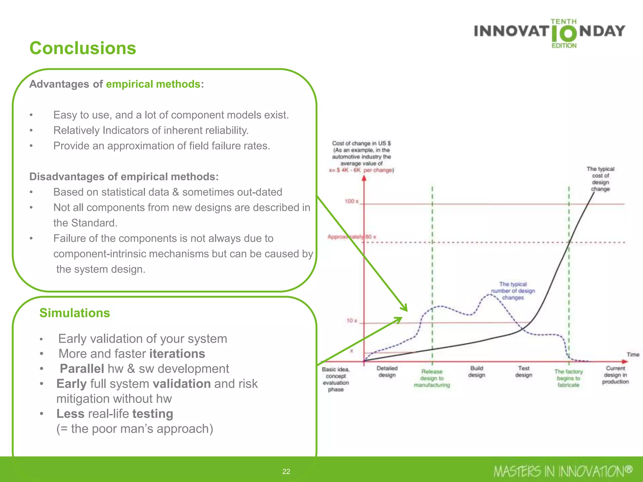 22
Conclusions
Advantages of empirical methods:
• Easy to use, and a lot of component models exist.
• Relatively Indicators of inherent reliability.
• Provide an approximation of field failure rates.
Disadvantages of empirical methods:
• Based on statistical data & sometimes out-dated
• Not all components from new designs are described in
the Standard.
• Failure of the components is not always due to
component-intrinsic mechanisms but can be caused by
the system design.
Simulations
• Early validation of your system
• More and faster iterations
• Parallel hw & sw development
• Early full system validation and risk
mitigation without hw
• Less real-life testing
(= the poor man’s approach)
 