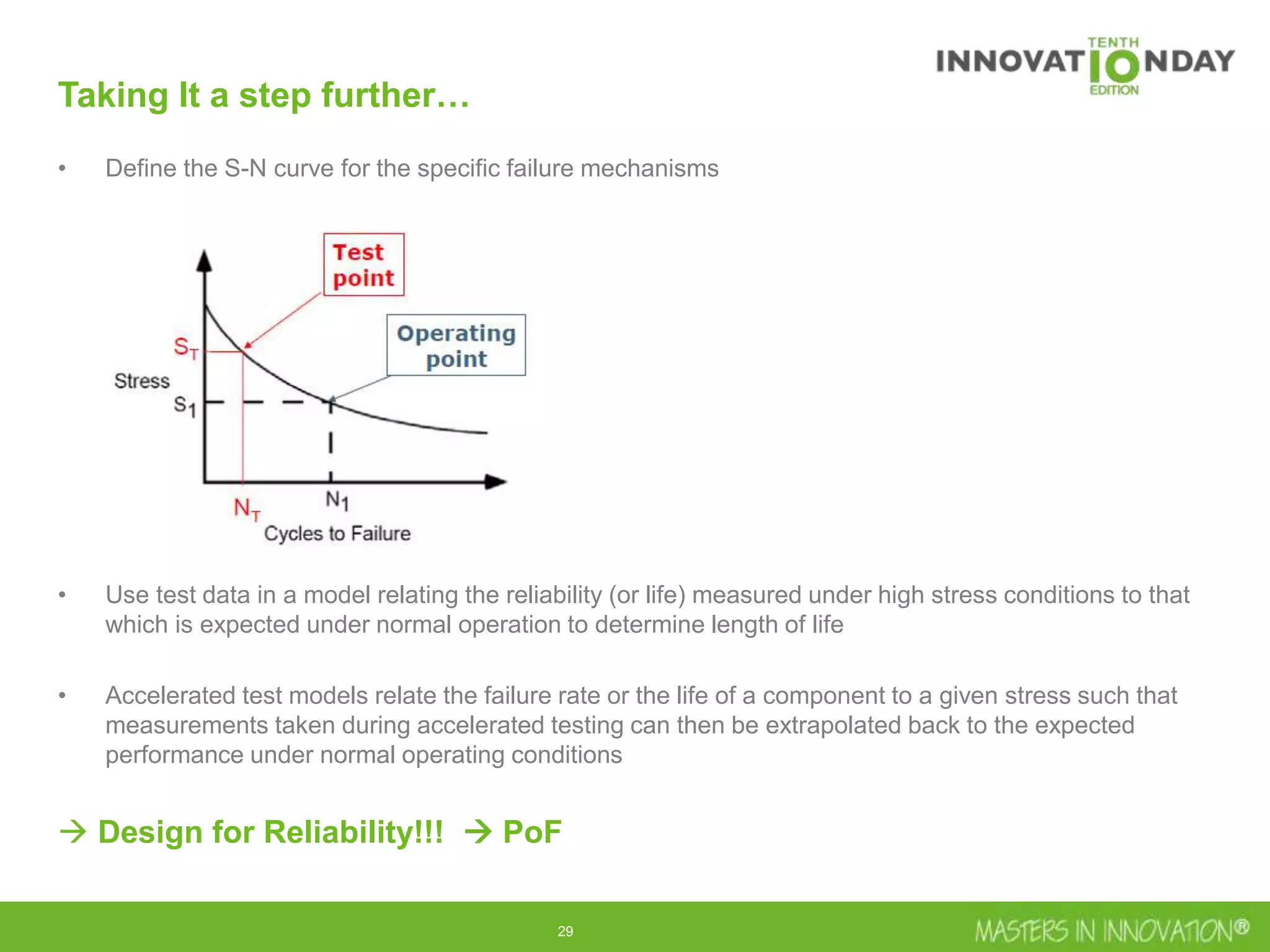 29
Taking It a step further…
• Define the S-N curve for the specific failure mechanisms
• Use test data in a model relating the reliability (or life) measured under high stress conditions to that
which is expected under normal operation to determine length of life
• Accelerated test models relate the failure rate or the life of a component to a given stress such that
measurements taken during accelerated testing can then be extrapolated back to the expected
performance under normal operating conditions
 Design for Reliability!!!  PoF
 