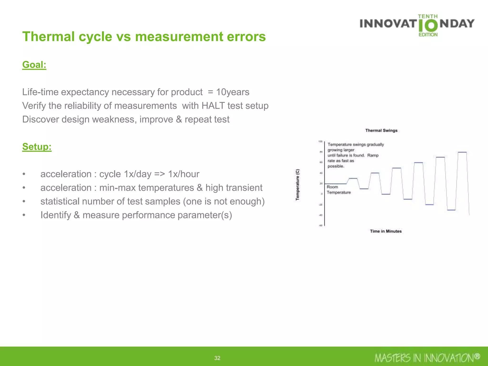 32
Thermal cycle vs measurement errors
Goal:
Life-time expectancy necessary for product = 10years
Verify the reliability of measurements with HALT test setup
Discover design weakness, improve & repeat test
Setup:
• acceleration : cycle 1x/day => 1x/hour
• acceleration : min-max temperatures & high transient
• statistical number of test samples (one is not enough)
• Identify & measure performance parameter(s)
 
