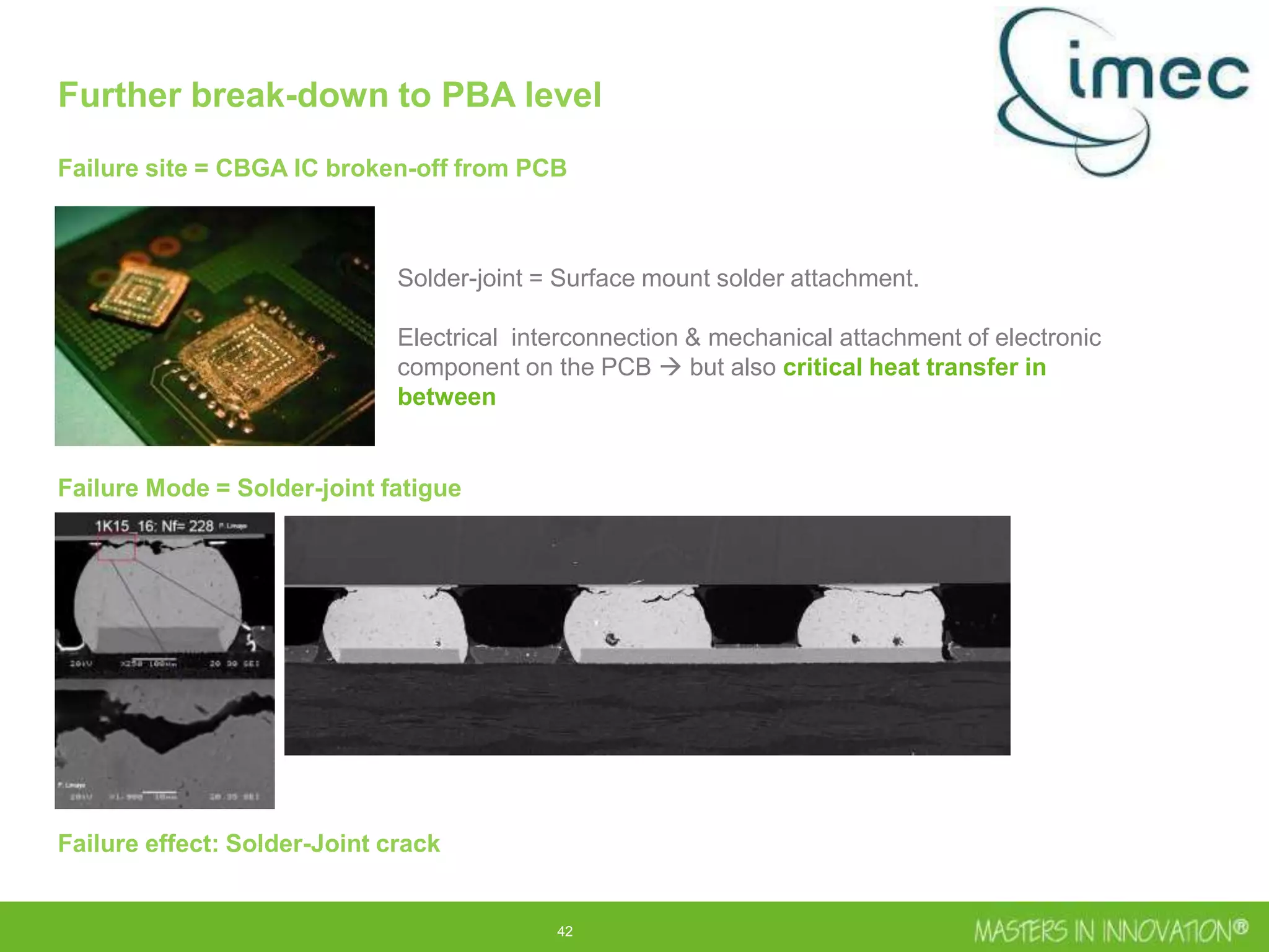 42
Further break-down to PBA level
Failure site = CBGA IC broken-off from PCB
Failure Mode = Solder-joint fatigue
Failure effect: Solder-Joint crack
Solder-joint = Surface mount solder attachment.
Electrical interconnection & mechanical attachment of electronic
component on the PCB  but also critical heat transfer in
between
 