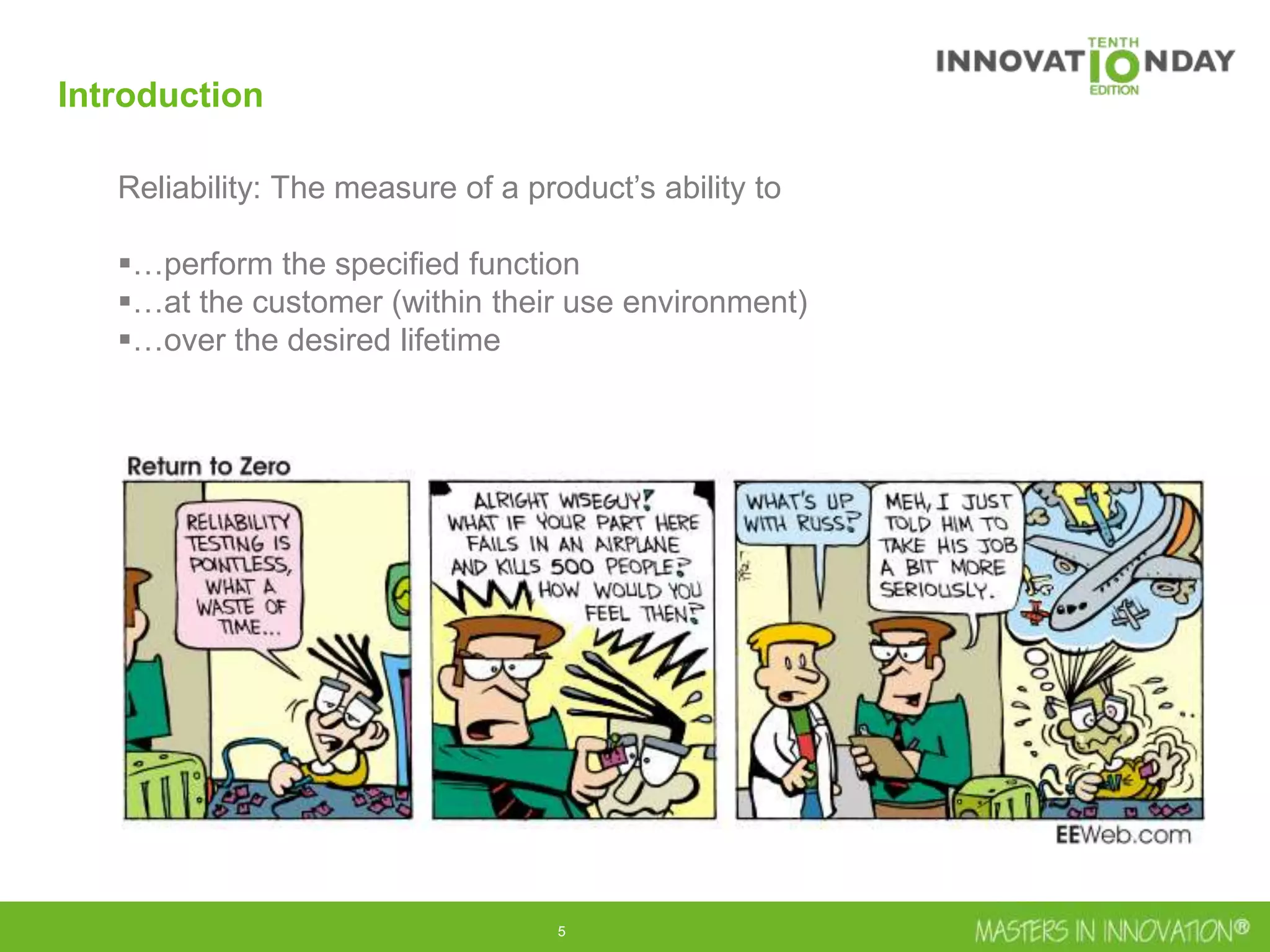 5
Introduction
Reliability: The measure of a product’s ability to
…perform the specified function
…at the customer (within their use environment)
…over the desired lifetime
 