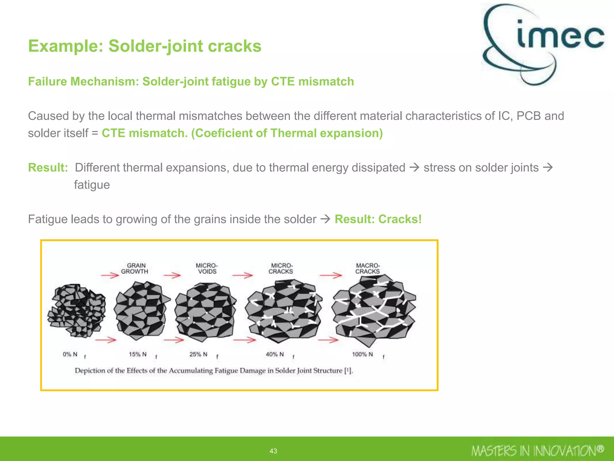 43
Example: Solder-joint cracks
Failure Mechanism: Solder-joint fatigue by CTE mismatch
Caused by the local thermal mismatches between the different material characteristics of IC, PCB and
solder itself = CTE mismatch. (Coeficient of Thermal expansion)
Result: Different thermal expansions, due to thermal energy dissipated  stress on solder joints 
fatigue
Fatigue leads to growing of the grains inside the solder  Result: Cracks!
 
