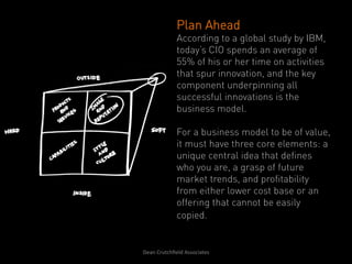 Plan Ahead
                   According to a global study by IBM,
                   today’s CIO spends an average of
                   55% of his or her time on activities
                   that spur innovation, and the key
                   component underpinning all
                   successful innovations is the
                   business model.

                   For a business model to be of value,
                   it must have three core elements: a
                   unique central idea that defines
                   who you are, a grasp of future
                   market trends, and profitability
                   from either lower cost base or an
                   offering that cannot be easily
                   copied.


Dean	
  Crutchﬁeld	
  Associates	
  	
  
 
