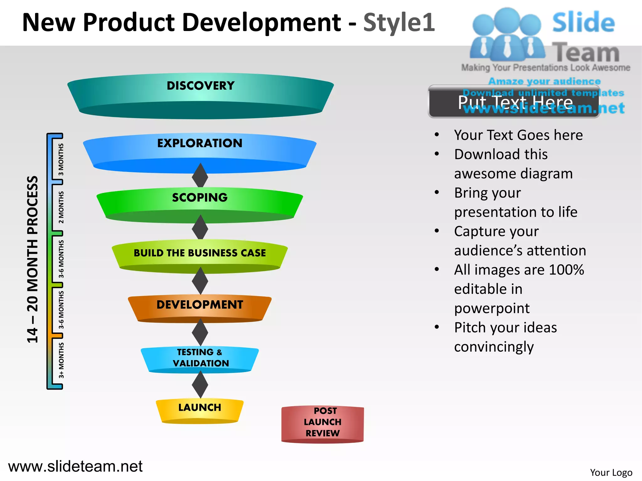 New Product Development - Style1

                                            DISCOVERY
                                                                             Put Text Here
                                           EXPLORATION
                                                                          • Your Text Goes here
                          3 MONTHS




                                                                          • Download this
                                                                            awesome diagram
  14 – 20 MONTH PROCESS




                                                                          • Bring your
                          2 MONTHS




                                             SCOPING
                                                                            presentation to life
                                                                          • Capture your
                          3-6 MONTHS




                                       BUILD THE BUSINESS CASE              audience’s attention
                                                                          • All images are 100%
                                                                            editable in
                          3-6 MONTHS




                                          DEVELOPMENT                       powerpoint
                                                                          • Pitch your ideas
                                                                            convincingly
                          3+ MONTHS




                                              TESTING &
                                             VALIDATION



                                              LAUNCH               POST
                                                                 LAUNCH
                                                                 REVIEW


www.slideteam.net                                                                                  Your Logo
 