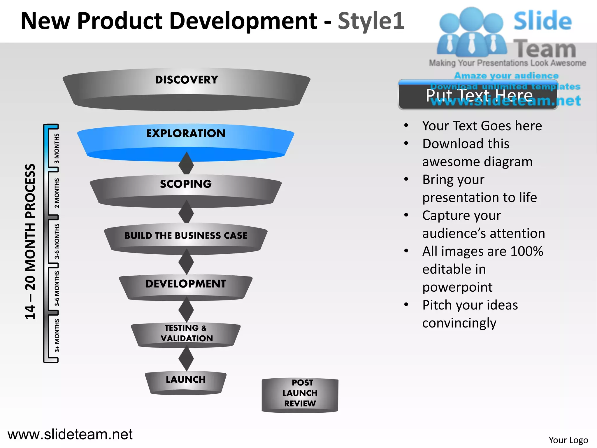 New Product Development - Style1

                                            DISCOVERY
                                                                             Put Text Here
                                           EXPLORATION
                                                                          • Your Text Goes here
                          3 MONTHS




                                                                          • Download this
                                                                            awesome diagram
  14 – 20 MONTH PROCESS




                                                                          • Bring your
                          2 MONTHS




                                             SCOPING
                                                                            presentation to life
                                                                          • Capture your
                          3-6 MONTHS




                                       BUILD THE BUSINESS CASE              audience’s attention
                                                                          • All images are 100%
                                                                            editable in
                          3-6 MONTHS




                                          DEVELOPMENT                       powerpoint
                                                                          • Pitch your ideas
                                                                            convincingly
                          3+ MONTHS




                                              TESTING &
                                             VALIDATION



                                              LAUNCH               POST
                                                                 LAUNCH
                                                                 REVIEW


www.slideteam.net                                                                                  Your Logo
 