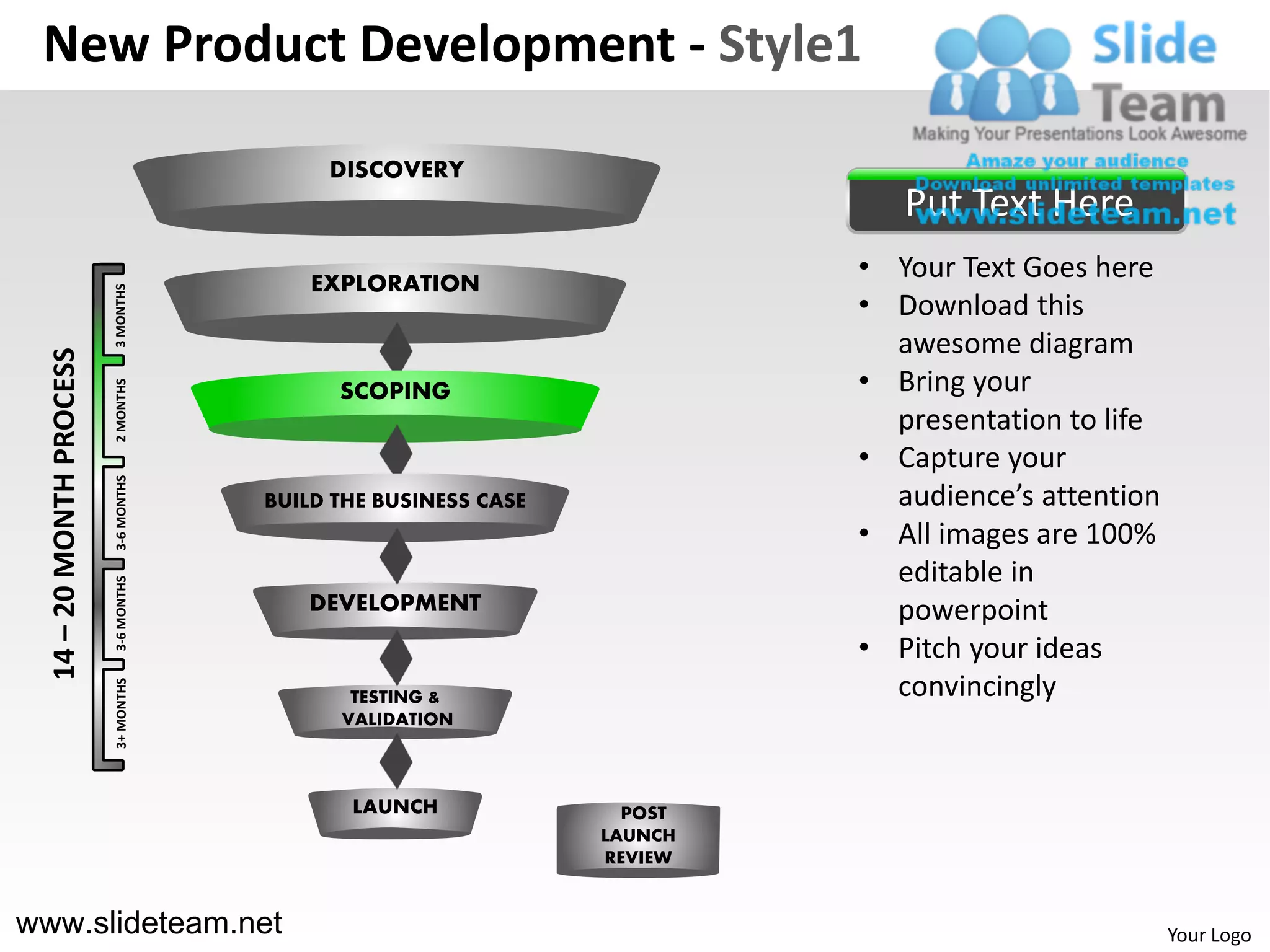 New Product Development - Style1

                                            DISCOVERY
                                                                             Put Text Here
                                           EXPLORATION
                                                                          • Your Text Goes here
                          3 MONTHS




                                                                          • Download this
                                                                            awesome diagram
  14 – 20 MONTH PROCESS




                                                                          • Bring your
                          2 MONTHS




                                             SCOPING
                                                                            presentation to life
                                                                          • Capture your
                          3-6 MONTHS




                                       BUILD THE BUSINESS CASE              audience’s attention
                                                                          • All images are 100%
                                                                            editable in
                          3-6 MONTHS




                                          DEVELOPMENT                       powerpoint
                                                                          • Pitch your ideas
                                                                            convincingly
                          3+ MONTHS




                                              TESTING &
                                             VALIDATION



                                              LAUNCH               POST
                                                                 LAUNCH
                                                                 REVIEW


www.slideteam.net                                                                                  Your Logo
 