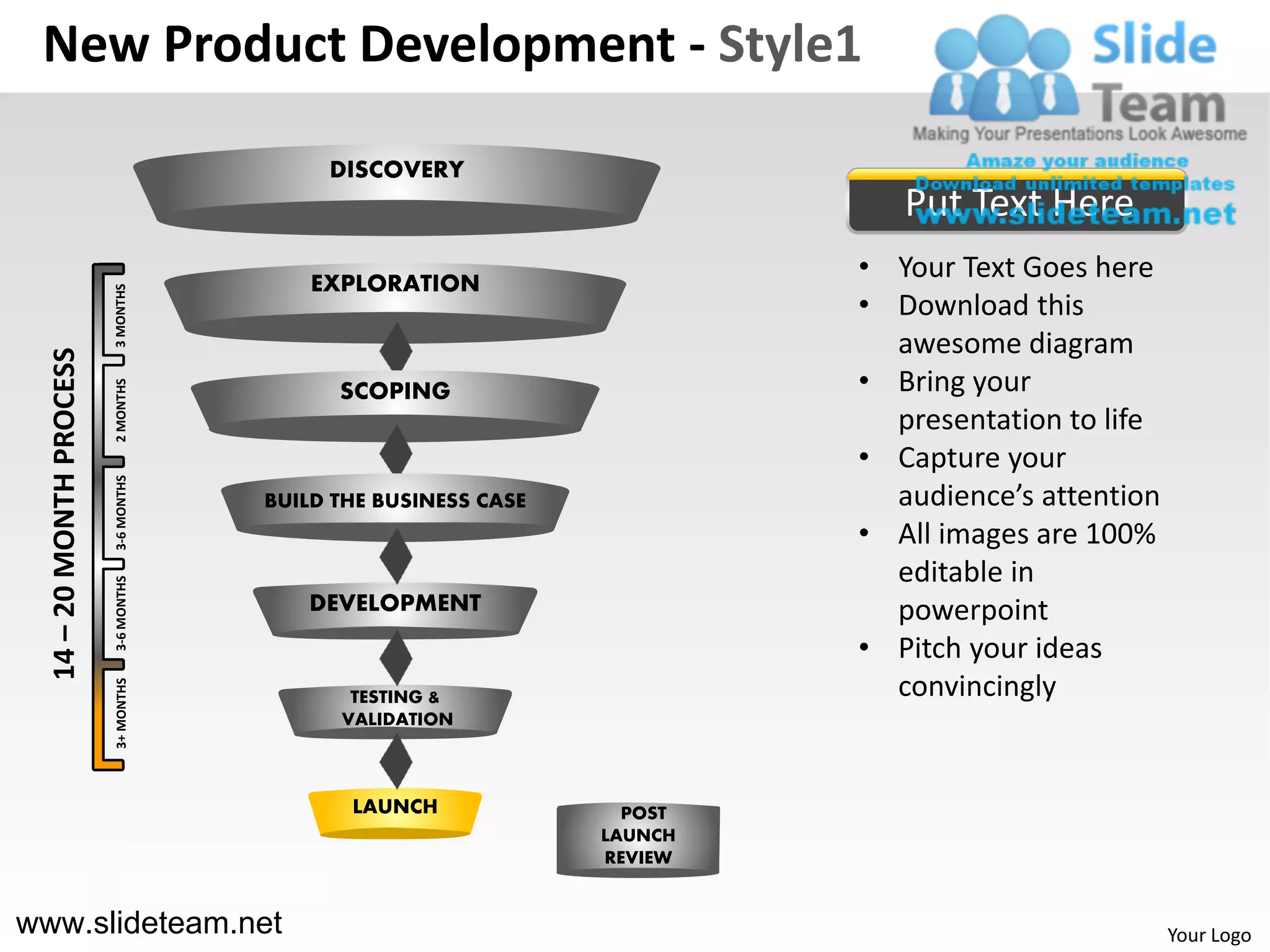 New Product Development - Style1

                                            DISCOVERY
                                                                             Put Text Here
                                           EXPLORATION
                                                                          • Your Text Goes here
                          3 MONTHS




                                                                          • Download this
                                                                            awesome diagram
  14 – 20 MONTH PROCESS




                                                                          • Bring your
                          2 MONTHS




                                             SCOPING
                                                                            presentation to life
                                                                          • Capture your
                          3-6 MONTHS




                                       BUILD THE BUSINESS CASE              audience’s attention
                                                                          • All images are 100%
                                                                            editable in
                          3-6 MONTHS




                                          DEVELOPMENT                       powerpoint
                                                                          • Pitch your ideas
                                                                            convincingly
                          3+ MONTHS




                                              TESTING &
                                             VALIDATION



                                              LAUNCH               POST
                                                                 LAUNCH
                                                                 REVIEW


www.slideteam.net                                                                                  Your Logo
 