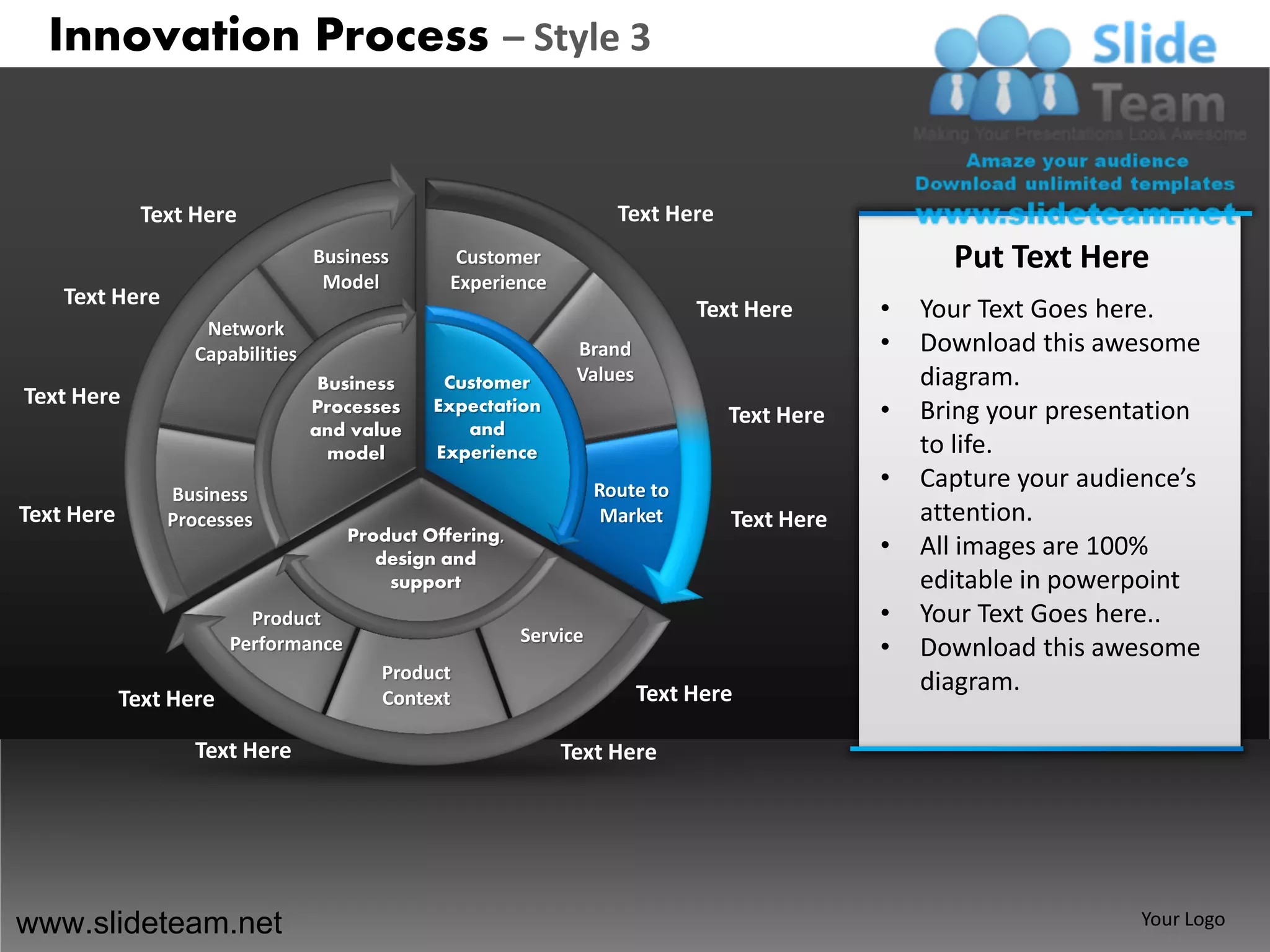 Innovation Process – Style 3


              Text Here                                               Text Here
                                  Business        Customer                                          Put Text Here
                                   Model         Experience
    Text Here
                                                                               Text Here      •   Your Text Goes here.
                    Network
                   Capabilities                                 Brand                         •   Download this awesome
                                   Business     Customer        Values                            diagram.
Text Here                         Processes    Expectation
                                                                                  Text Here   •   Bring your presentation
                                  and value       and
                                    model      Experience                                         to life.
                                                                    Route to                  •   Capture your audience’s
                Business
Text Here       Processes                                            Market       Text Here       attention.
                                      Product Offering,
                                         design and
                                                                                              •   All images are 100%
                                          support                                                 editable in powerpoint
                          Product                                                             •   Your Text Goes here..
                                                          Service
                        Performance                                                           •   Download this awesome
                                         Product
                                                                         Text Here                diagram.
            Text Here                    Context

                   Text Here                                  Text Here




www.slideteam.net                                                                                                   Your Logo
 