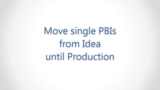 Move single PBIs
   from Idea
until Production
 