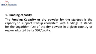 1. Funding capacity
The Funding Capacity or dry powder for the startups is the
capacity to support startup ecosystem with fundings. It stands
for the Logarithm (Ln) of the dry powder in a given country or
region adjusted by its GDP/capita.
 