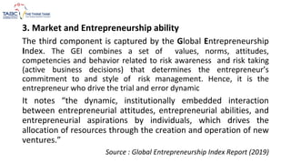 3. Market and Entrepreneurship ability
The third component is captured by the Global Entrepreneurship
Index. The GEI combines a set of values, norms, attitudes,
competencies and behavior related to risk awareness and risk taking
(active business decisions) that determines the entrepreneur’s
commitment to and style of risk management. Hence, it is the
entrepreneur who drive the trial and error dynamic
It notes “the dynamic, institutionally embedded interaction
between entrepreneurial attitudes, entrepreneurial abilities, and
entrepreneurial aspirations by individuals, which drives the
allocation of resources through the creation and operation of new
ventures.”
Source : Global Entrepreneurship Index Report (2019)
 