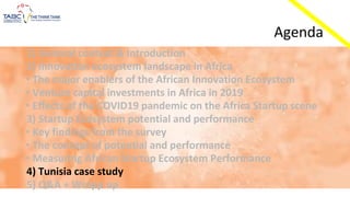 Agenda
1) General context & Introduction
2) Innovation ecosystem landscape in Africa
• The major enablers of the African Innovation Ecosystem
• Venture capital investments in Africa in 2019
• Effects of the COVID19 pandemic on the Africa Startup scene
3) Startup Ecosystem potential and performance
• Key findings from the survey
• The concept of potential and performance
• Measuring African Startup Ecosystem Performance
4) Tunisia case study
5) Q&A + Wrapp up
 