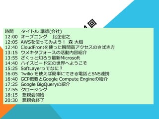 時間          タイトル  講師(会社)
12:00 オープニング ⽐比企宏之
12:05 AWSを使ってみよう！ 森  ⼤大樹
12:40 CloudFrontを使った瞬間⾼高アクセスのさばき⽅方
13:15 ウメキタフォースの活動内容紹介
13:55 ざくっと知ろう最新Microsoft
14:40 ハイスピードSIの世界へようこそ
15:25 SoftLayerってなに？
16:05 Twilio  を使えば簡単にできる電話とSNS連携
16:40 GCP概要とGoogle  Compute  Engineの紹介
17:25 Google  BigQueryの紹介
17:55 クロージング
18:15      懇親会開始
20:30      懇親会終了了
 
