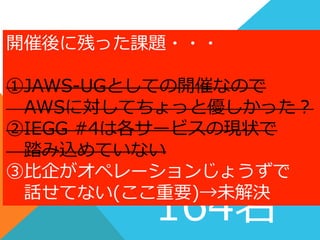 164名
開催後に残った課題・・・
①JAWS-‐‑‒UGとしての開催なので
      AWSに対してちょっと優しかった？
②IEGG  #4は各サービスの現状で
 　踏み込めていない
③⽐比企がオペレーションじょうずで
 　話せてない(ここ重要)→未解決
 