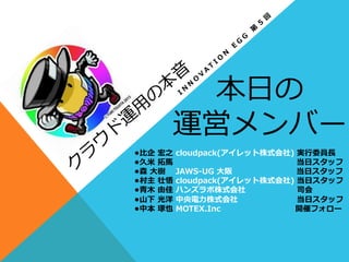 本⽇日の
運営メンバー
•⽐比企  宏之  cloudpack(アイレット株式会社)  実⾏行行委員⻑⾧長
•久⽶米  拓拓⾺馬                                                                                                当⽇日スタッフ
•森  ⼤大樹        JAWS-‐‑‒UG  ⼤大阪                                                  当⽇日スタッフ
•村主  壮悟  cloudpack(アイレット株式会社)  当⽇日スタッフ
•⻘青⽊木  由佳  ハンズラボ株式会社                                        司会
•⼭山下  光洋  中央電⼒力力株式会社                                              当⽇日スタッフ
•中本  琢也  MOTEX.Inc                                                          開催フォロー
 